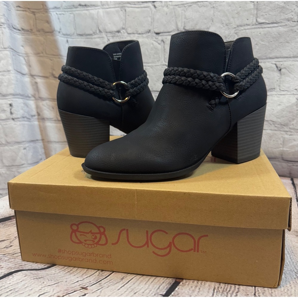 Sugar‎ Black Ankle Booties Tonal Braided Strap Detail Heel Women's Size 10